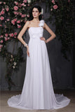 A-Line/Princess One-Shoulder Sleeveless Hand-Made Flower Ruffles Long Chiffon Wedding Dresses Bridal Gowns