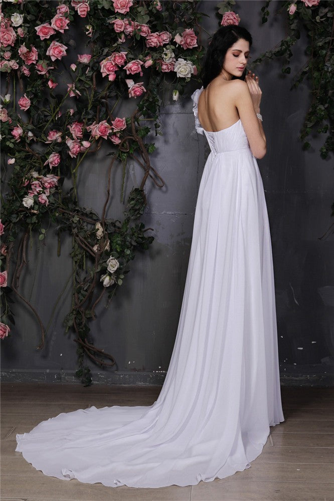A-Line/Princess One-Shoulder Sleeveless Hand-Made Flower Ruffles Long Chiffon Wedding Dresses Bridal Gowns