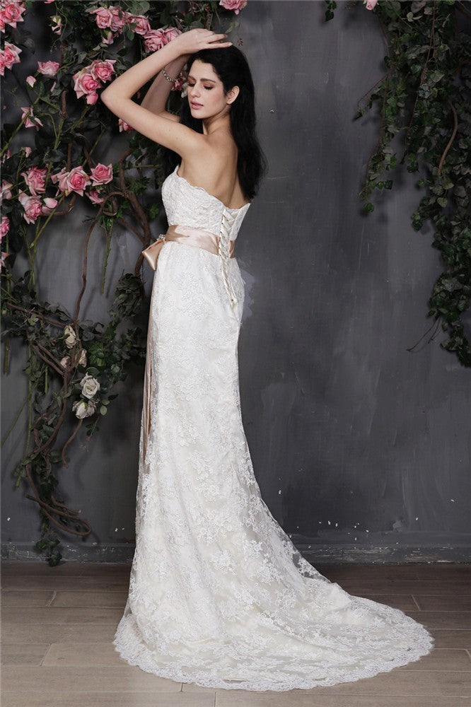 Sheath/Column Strapless Sleeveless Sash Long Lace Wedding Dresses Bridal Gowns