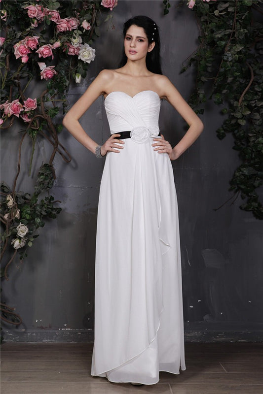 Sheath/Column Sweetheart Sleeveless Pleats Hand-Made Flower Long Chiffon Bridesmaid Dresses Formal Evening Dress