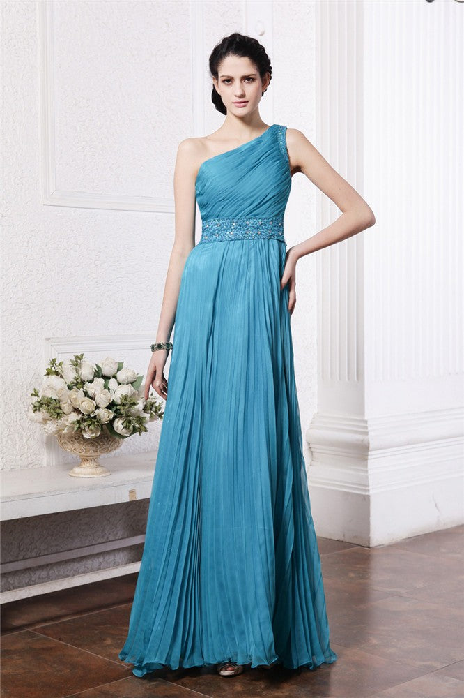 Sheath/Column One-Shoulder Sleeveless Beading Pleats Long Chiffon Bridesmaid Dresses Evening Prom Dress