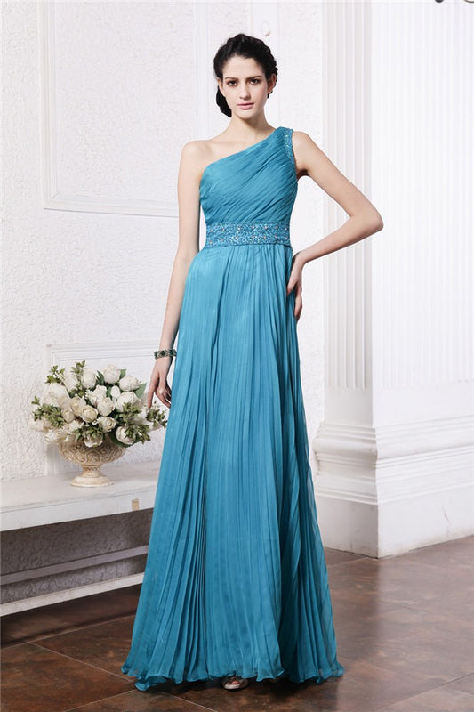 Sheath/Column One-Shoulder Sleeveless Beading Pleats Long Chiffon Bridesmaid Dresses Evening Prom Dress