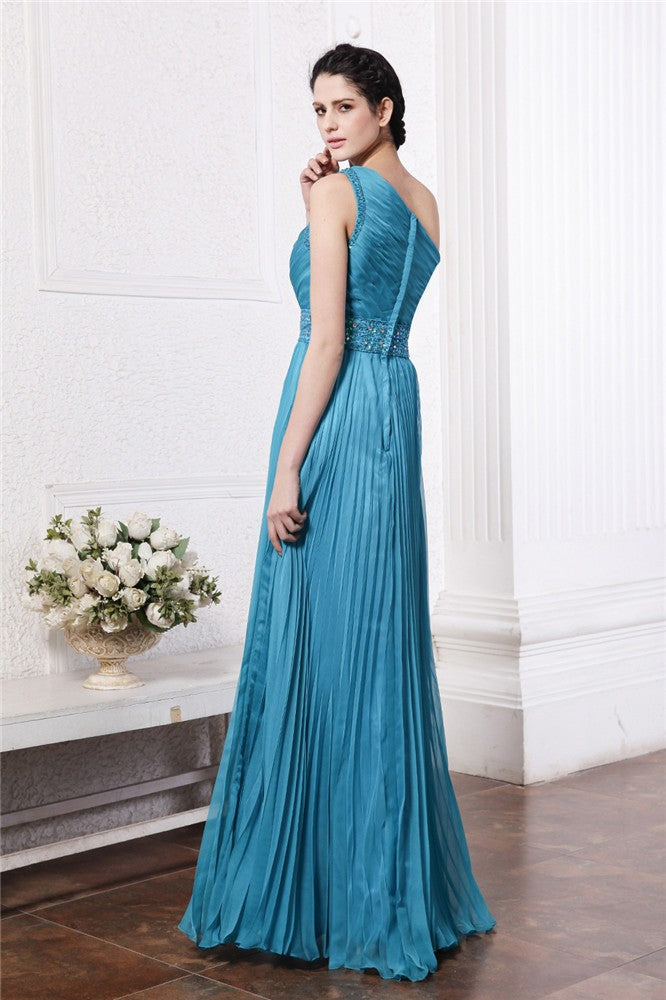 Sheath/Column One-Shoulder Sleeveless Beading Pleats Long Chiffon Bridesmaid Dresses Evening Prom Dress