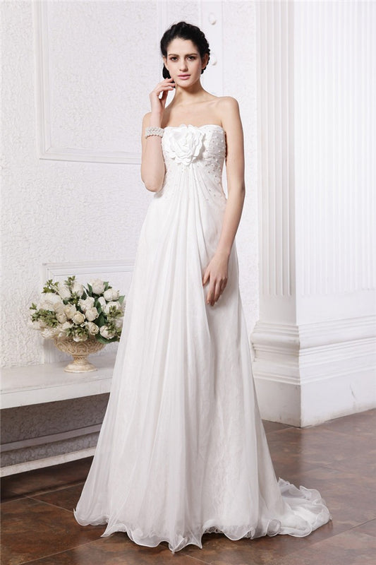 A-Line/Princess Strapless Sleeveless Beading Hand-Made Flower Long Chiffon Wedding Dresses Bridal Gowns