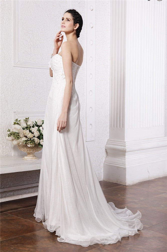 A-Line/Princess Strapless Sleeveless Beading Hand-Made Flower Long Chiffon Wedding Dresses Bridal Gowns