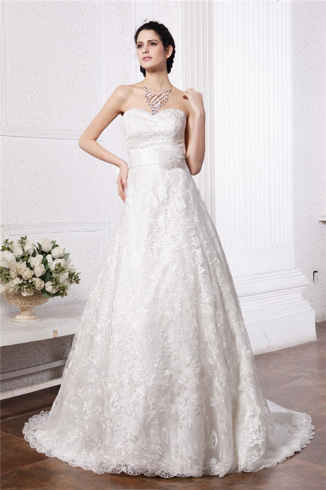 A-Line/Princess Sweetheart Sleeveless Sash Long Lace Wedding Dresses Bridal Gowns