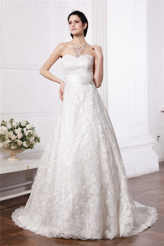 A-Line/Princess Sweetheart Sleeveless Sash Long Lace Wedding Dresses Bridal Gowns