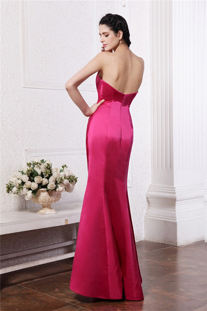 Sheath/Column Sweetheart Sleeveless Pleats Hand-Made Flower Long Silk like Satin Bridesmaid Dresses Formal Evening Dress