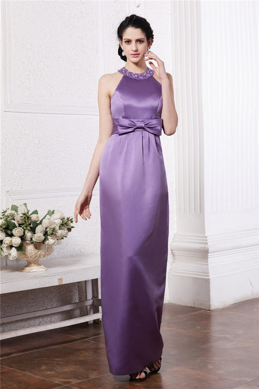 Sheath/Column Scoop Sleeveless Beading Bowknot Long Silk like Satin Bridesmaid Dresses Evening Formal Dress