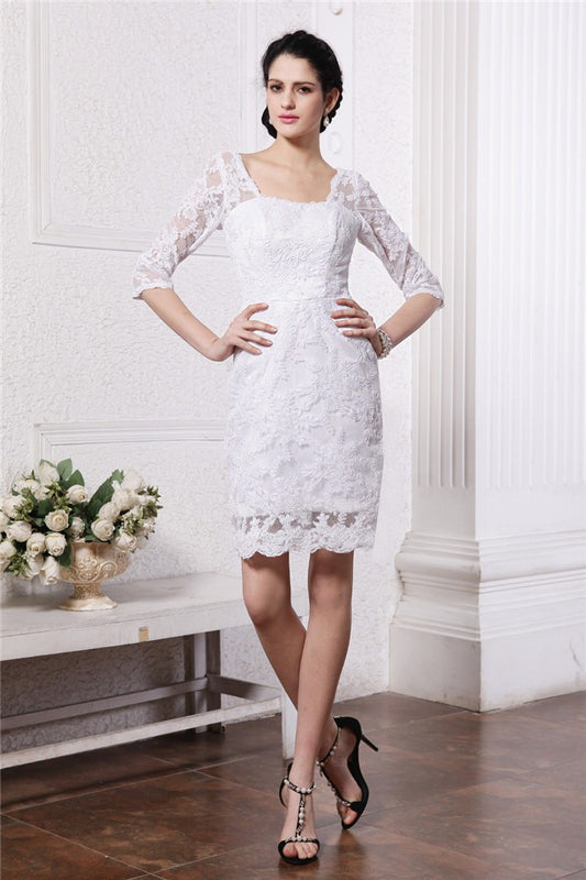 Sheath/Column Half Sleeves Bateau Short Lace Wedding Dresses Bridal Gowns
