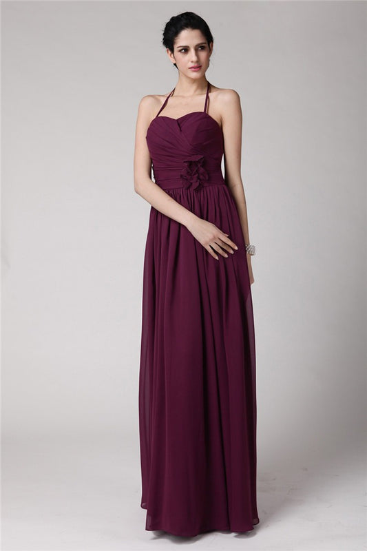Sheath/Column Halter Sleeveless Hand-Made Flower Long Chiffon Bridesmaid Dresses Evening Prom Dress