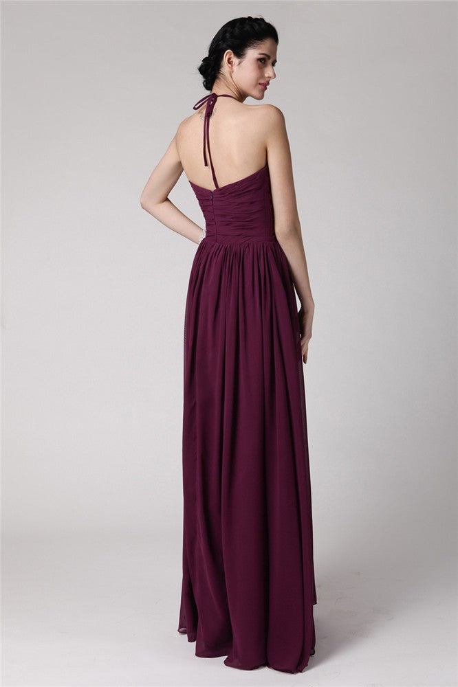Sheath/Column Halter Sleeveless Hand-Made Flower Long Chiffon Bridesmaid Dresses Evening Prom Dress