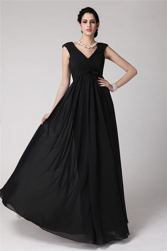 Vestido de fiesta de noche largo de gasa con pliegues, sin mangas, escote en V y corte tubo/columna