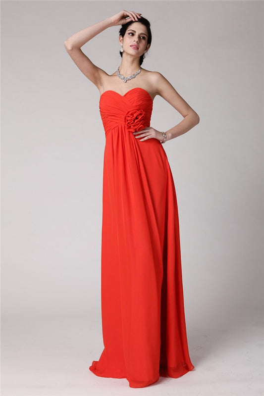 Sheath/Column Sweetheart Sleeveless Pleats Hand-Made Flower Long Chiffon Bridesmaid Dresses Evening Prom Dress