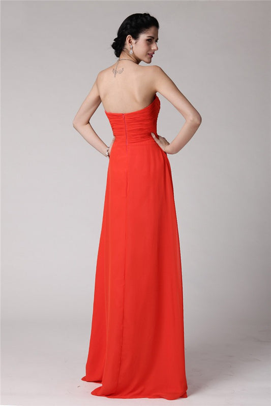 Sheath/Column Sweetheart Sleeveless Pleats Hand-Made Flower Long Chiffon Bridesmaid Dresses Evening Prom Dress