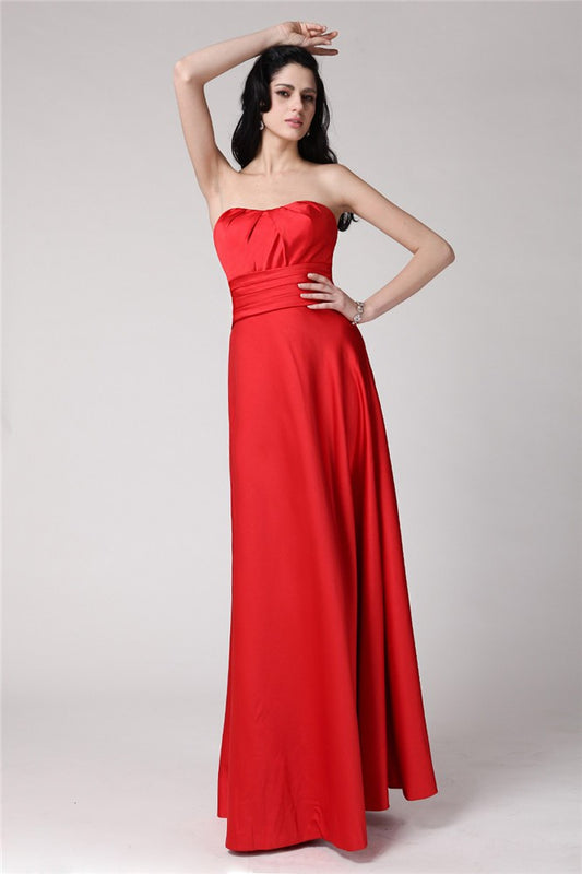 A-Line/Princess Strapless Sleeveless Pleats Long Silk like Satin Bridesmaid Dresses Evening Prom Dress