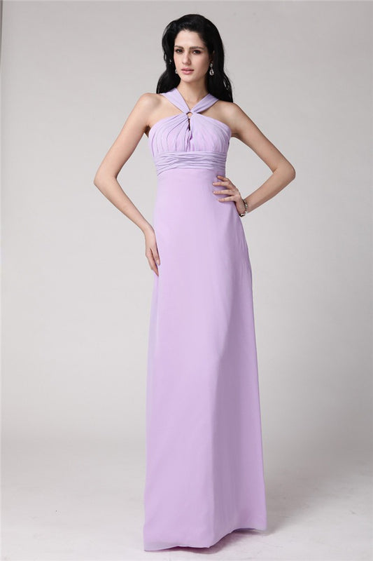 Sheath/Column High Neck Sleeveless Pleats Long Chiffon Bridesmaid Dresses Evening Prom Dress