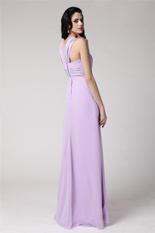 Sheath/Column High Neck Sleeveless Pleats Long Chiffon Bridesmaid Dresses Evening Prom Dress