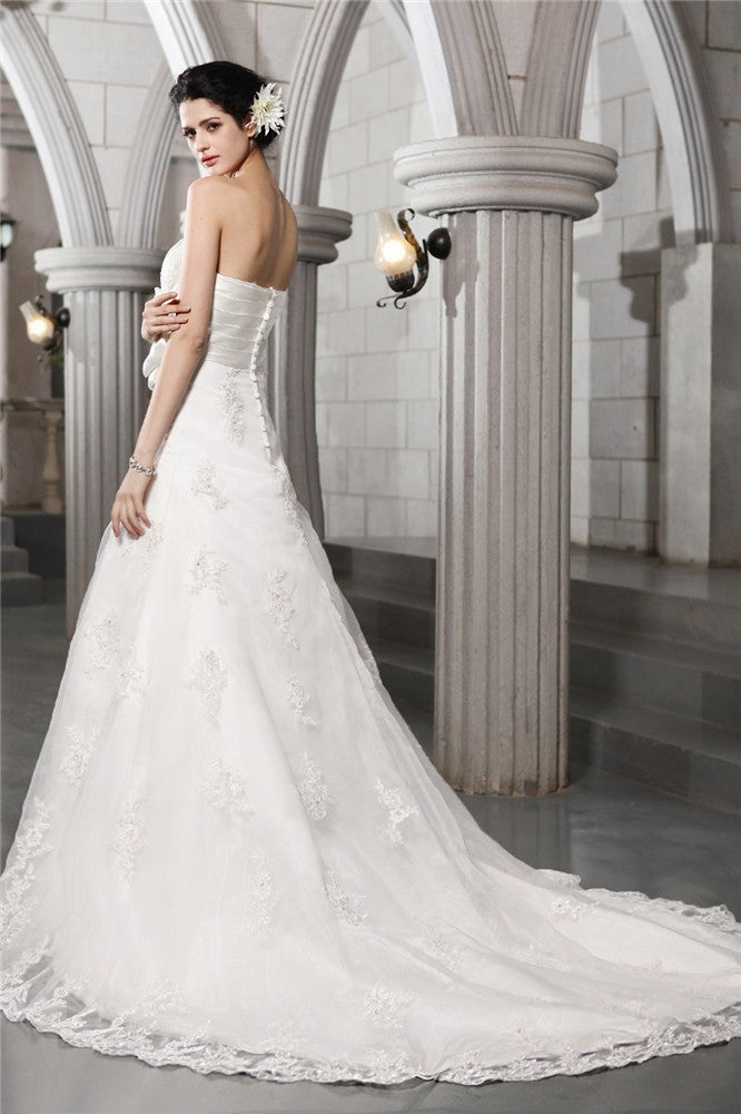 A-Line/Princess Strapless Sleeveless Beading Applique Hand-Made Flower Long Satin Wedding Dresses Bridal Gowns