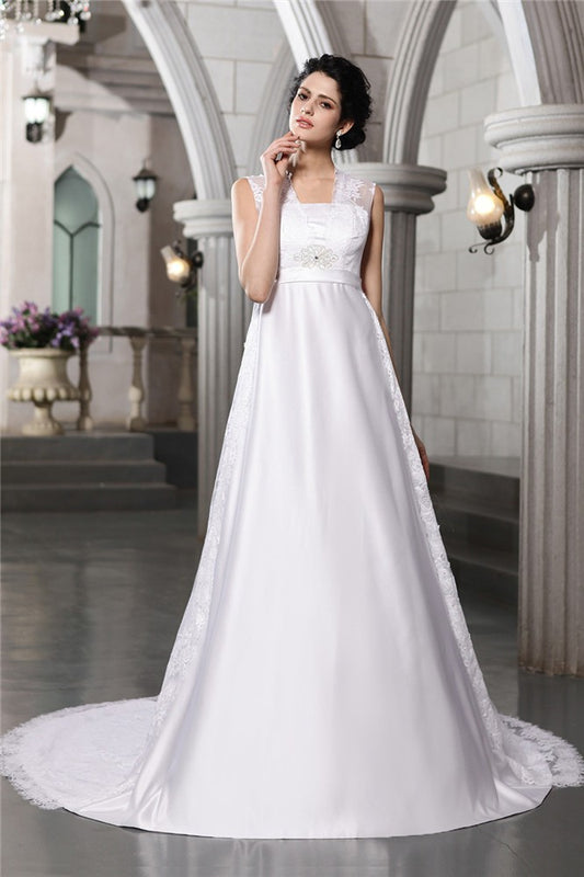 A-Line/Princess Sleeveless Lace Long Satin Wedding Dresses Bridal Gowns