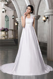 A-Line/Princess Sleeveless Lace Long Satin Wedding Dresses Bridal Gowns