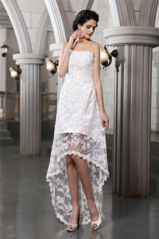 Sheath/Column Strapless Sleeveless Beading High Low Lace Wedding Dresses Bridal Gowns