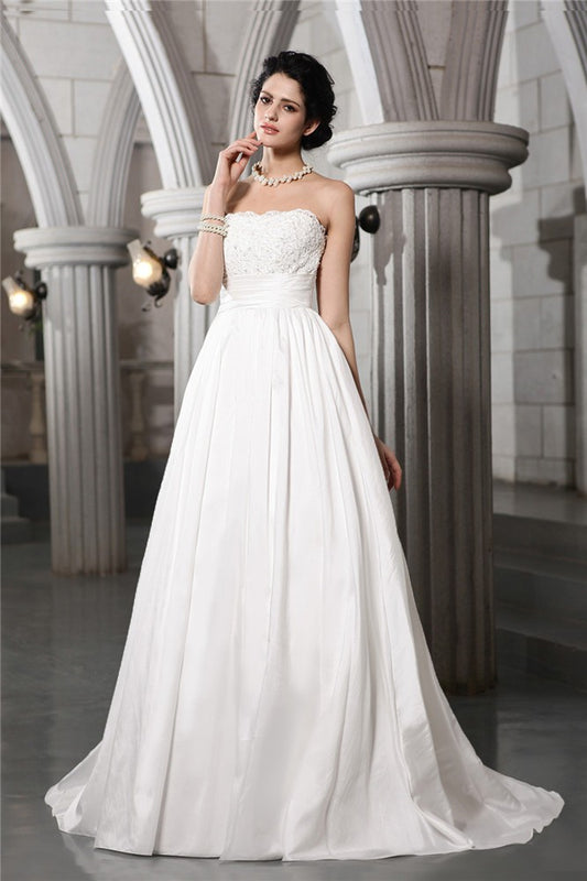 A-Line/Princess Strapless Sleeveless Beading Applique Long Taffeta Wedding Dresses Bridal Gowns