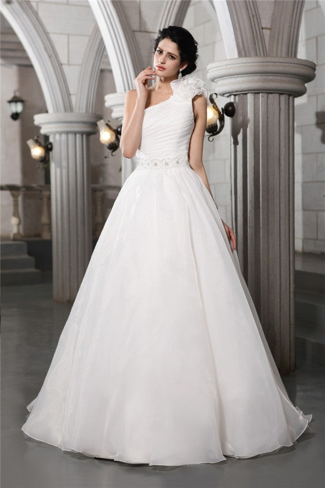 A-Line/Princess One-Shoulder Sleeveless Beading Long Organza Wedding Dresses Bridal Gowns