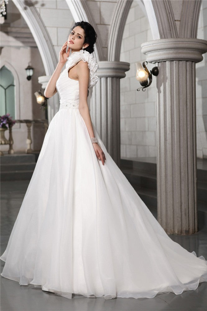 A-Line/Princess One-Shoulder Sleeveless Beading Long Organza Wedding Dresses Bridal Gowns