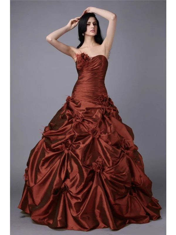 Ballkleid Trägerlos Ärmellos Handgemachte Blume Lange Taftkleider Abschlussball Abendkleid Quinceanera Ballkleider
