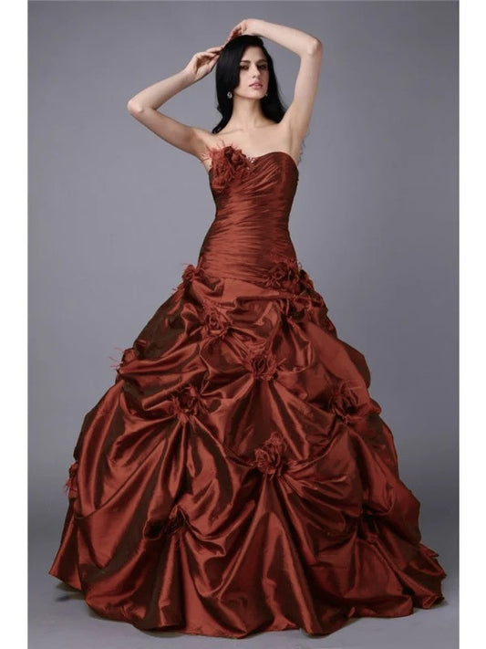 Vestido de fiesta sin tirantes, sin mangas, con flores hechas a mano, largo de tafetán, para graduación, noche, quinceañera