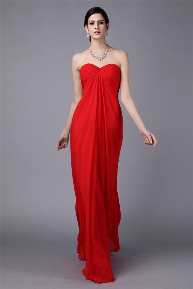 Vestido de fiesta de noche largo de gasa con pliegues, sin mangas y sin tirantes y corte tubo/columna