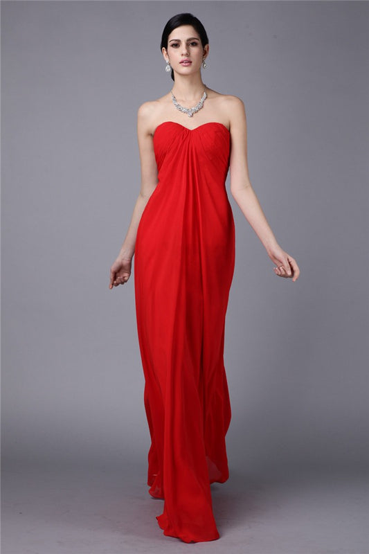 Vestido de fiesta de noche largo de gasa con pliegues, sin mangas y sin tirantes y corte tubo/columna