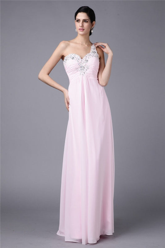 Vestido de fiesta de noche largo de gasa con apliques de cuentas y un solo hombro sin mangas con corte tubo/columna
