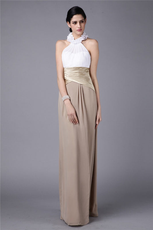 Sheath/Column High Neck Sleeveless Pleats Ruffles Long Silk like Satin Chiffon Bridesmaid Dresses Evening Formal Dress