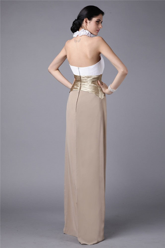 Sheath/Column High Neck Sleeveless Pleats Ruffles Long Silk like Satin Chiffon Bridesmaid Dresses Evening Formal Dress