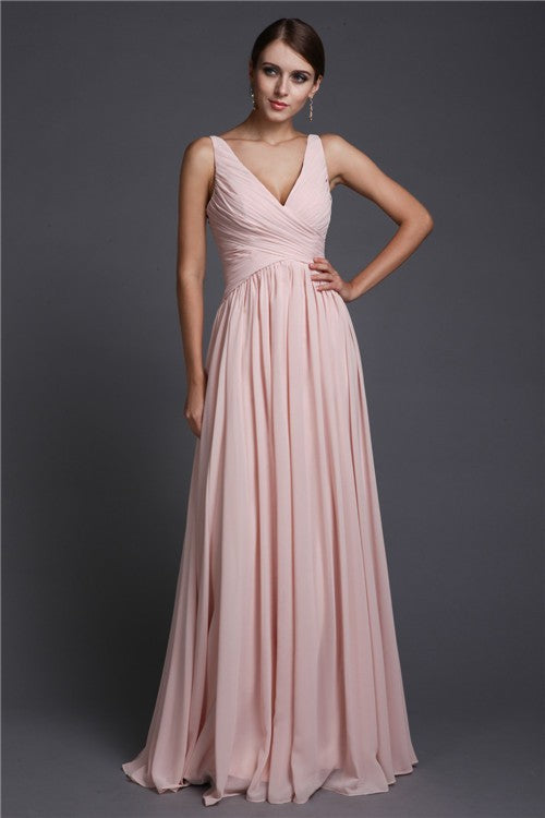 A-Line/Princess V-neck Sleeveless Long Ruffles Chiffon Bridesmaid Dresses Evening Dress