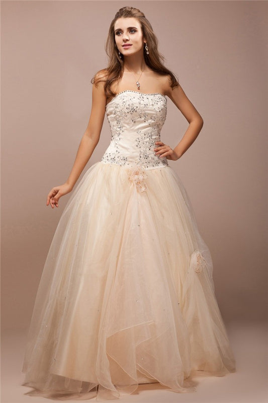 Vestido de fiesta sin tirantes, sin mangas, con encaje, largo, con cuentas, de red y satén, para graduación y noche