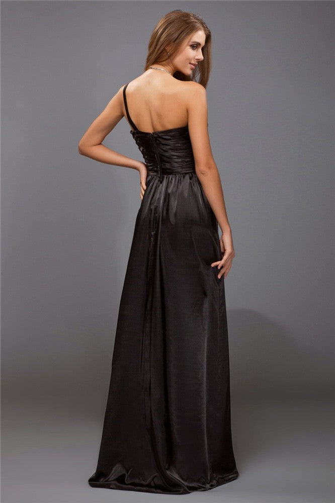 Vestido de dama de honor largo de satén tipo seda, sin mangas, con volantes y un solo hombro, corte tubo/columna, para fiesta de noche