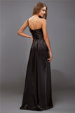 Vestido de dama de honor largo de satén tipo seda, sin mangas, con volantes y un solo hombro, corte tubo/columna, para fiesta de noche