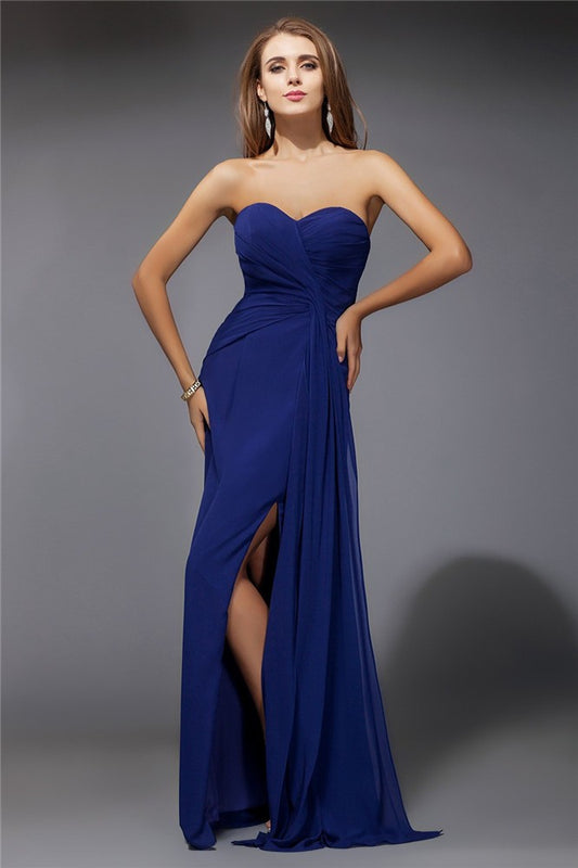 Vestido de fiesta de noche de gasa con volantes, largo, sin mangas, escote corazón y corte columna