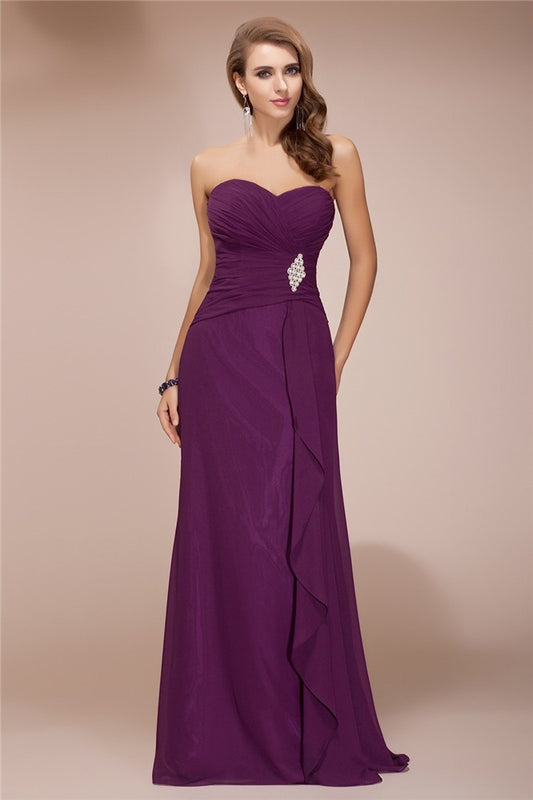 Sheath/Column Sweetheart Sleeveless Long Beading Ruffles Chiffon Bridesmaid Dresses Prom Dress
