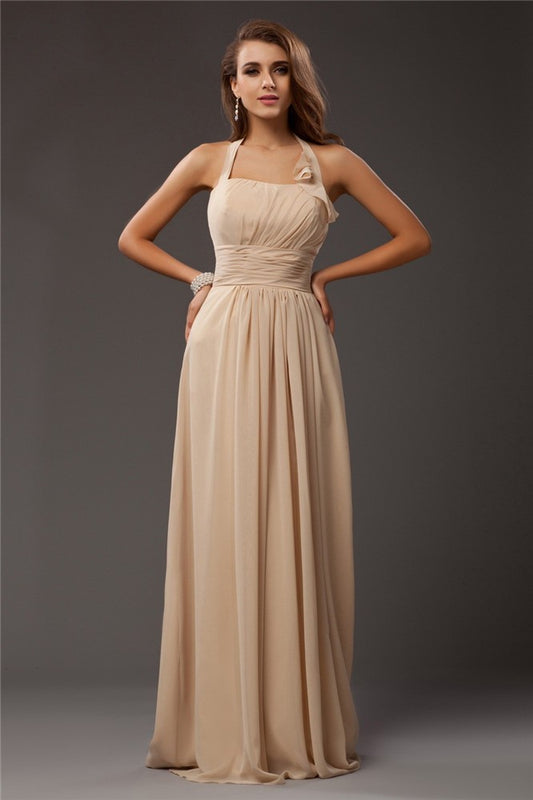 Sheath/Column Halter Sleeveless Ruffles Long Chiffon Bridesmaid Dresses Evening prom Dress