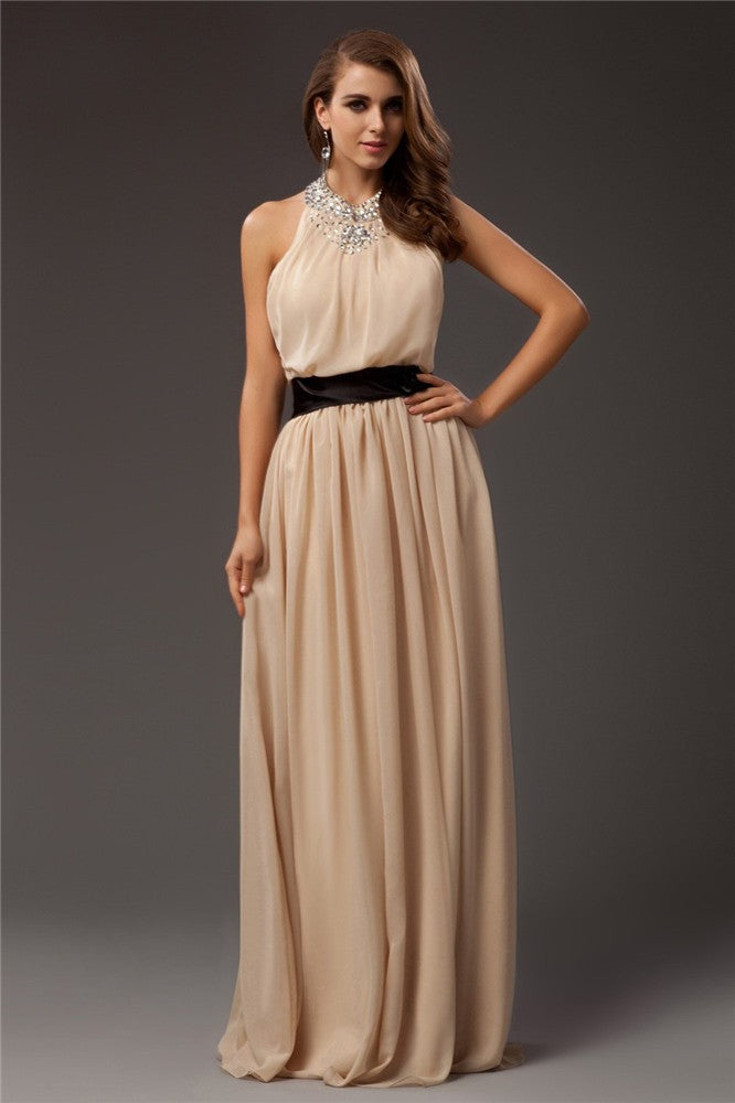 Sheath/Column Jewel Beading Sleeveless Long Chiffon Dresses Prom Evening Dress