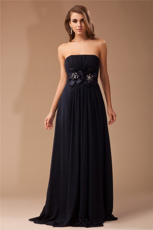 Vestido de noche de fiesta con corte tubo, sin tirantes, sin mangas, con volantes, largo, de gasa con cuentas y tejido elástico de satén