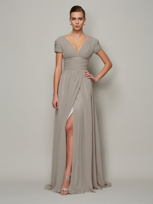 A-Linie/Princess-Linie V-Ausschnitt Kurze Ärmel Lang Chiffon Brautmutterkleider