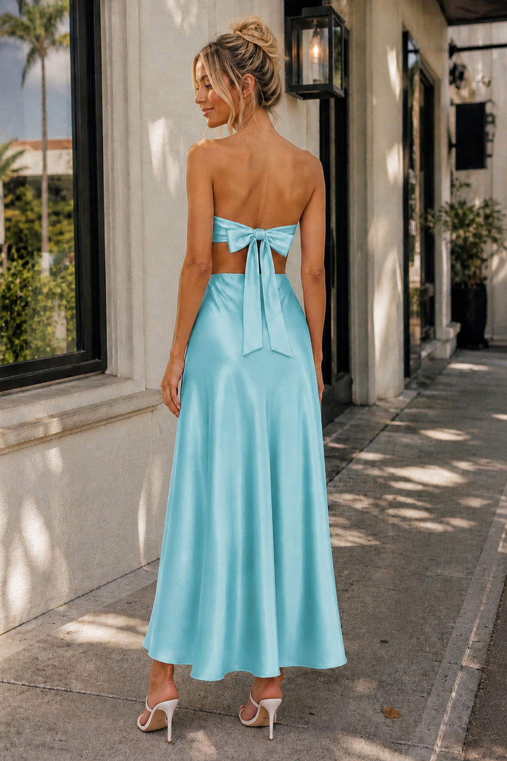 PInk Sweetheart Back Tie Satin A-line Prom Dress