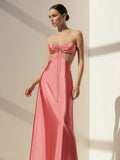PInk Sweetheart Back Tie Satin A-line Prom Dress