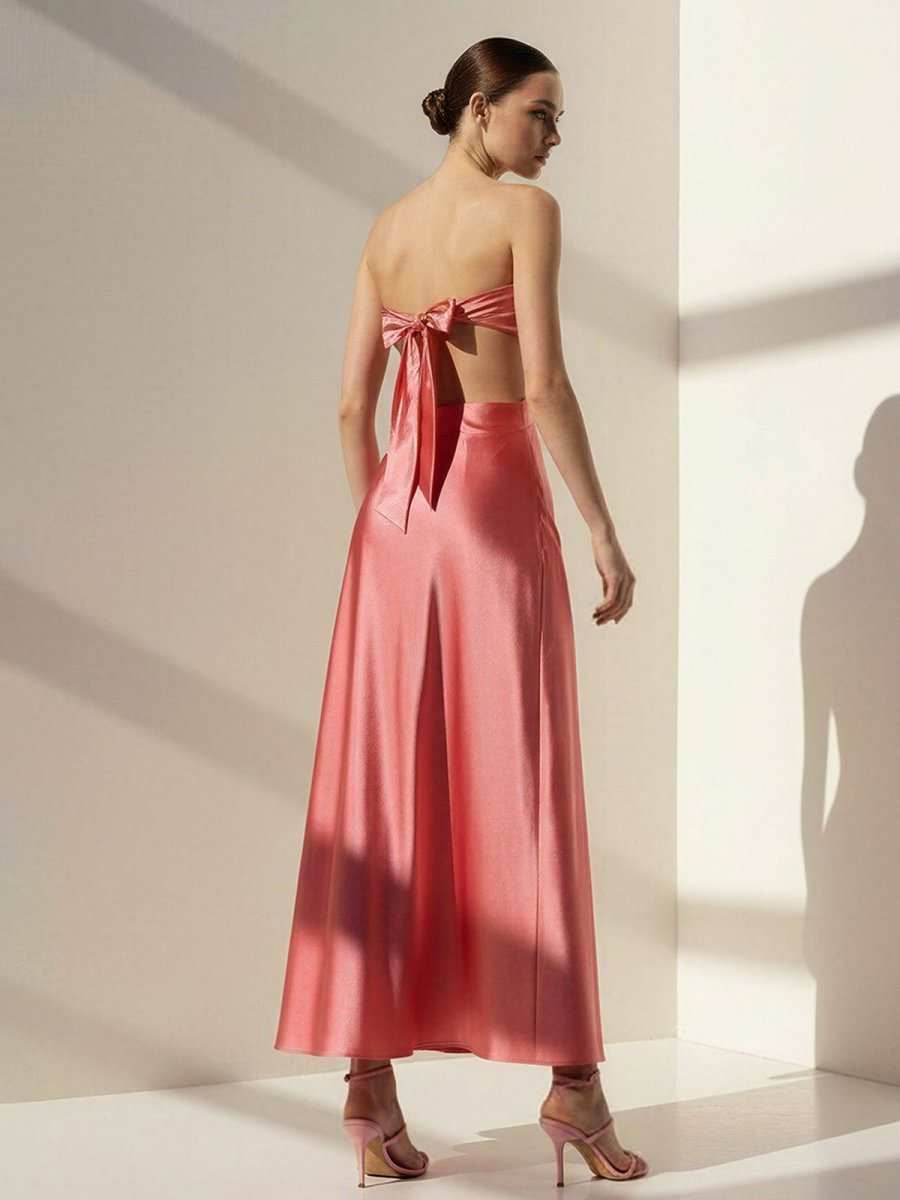 PInk Sweetheart Back Tie Satin A-line Prom Dress