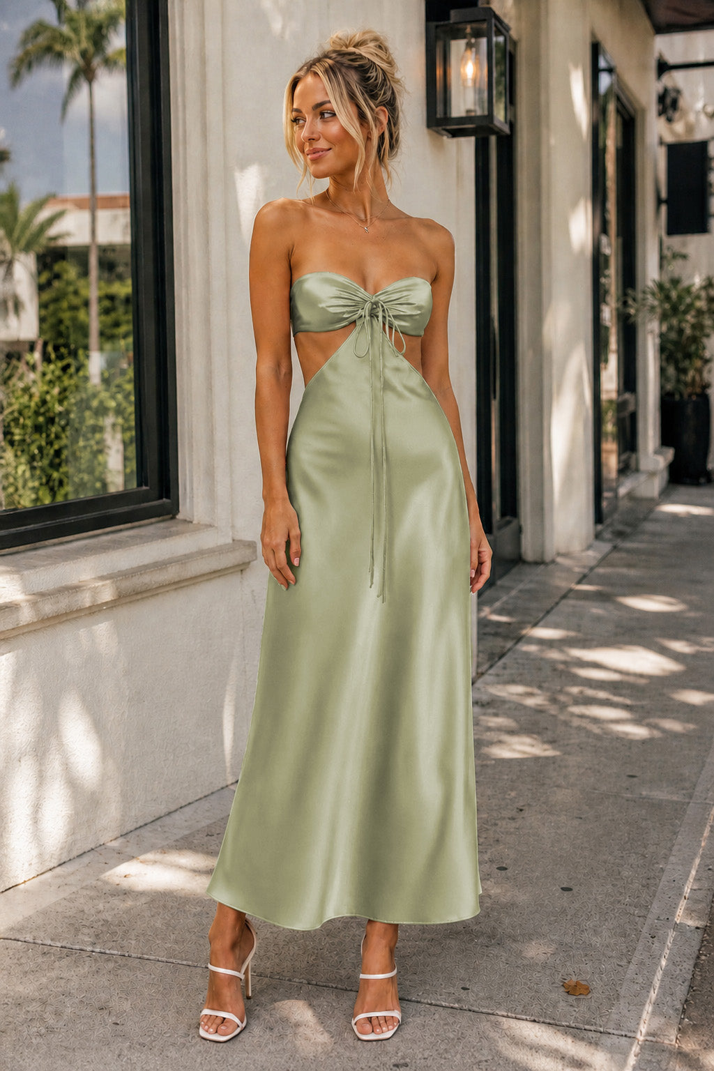 PInk Sweetheart Back Tie Satin A-line Prom Dress